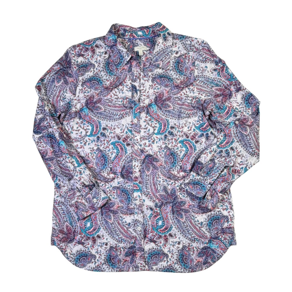 L Boho Romantic Paisley Talbots Cotton Roll Tab Sleeve Blouse Eclectic